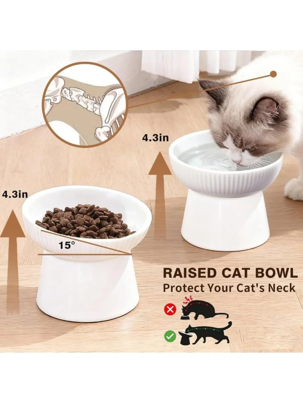 Elevated Ceramic Cat Food & Water Bowls - Anti-Vomiting, Non-Slip, Whisker